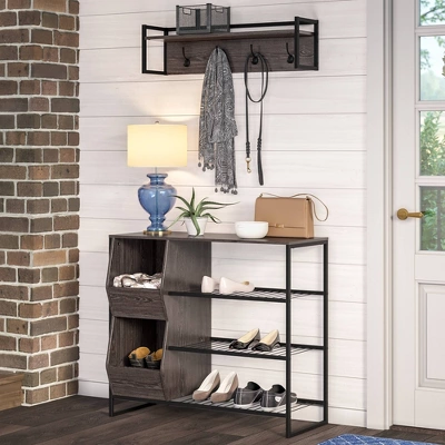 Afton 4 Hook Metal Frame Wall Shelf Woodgrain - RiverRidge Home 4 Afton 4 Hook Metal Frame Wall Shelf Woodgrain - RiverRidge Home - Image 2