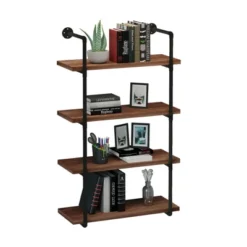 HOMCOM 4-Tier Industrial Pipe Shelves Floating Wall Mounted Bookshelf, Metal Frame Display Rack, 1.25" Thickness Shelving Unit Kitchen, Bar, Brown -Office Furniture GUEST 1b483c61 f7a8 48a8 8e13 9781f3c08ef7