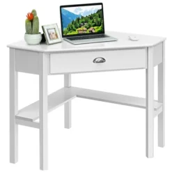 Costway Triangle Computer Desk Corner Office Desk Laptop Table W/ Drawer Shelves Rustic White -Office Furniture GUEST 1d3dfb60 8016 4bff 9600 868a1f6fed24