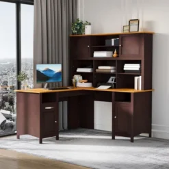 HOMCOM L-Shaped Computer Desk With Storage Shelves, Home Office Desk With Drawers And Cabinets