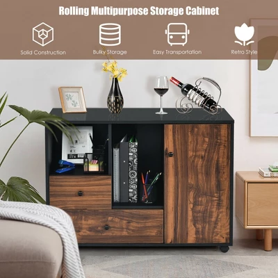 Costway Lateral Mobile Filing Cabinet Large Printer Stand W/2 Drawers Open Shelves Black 7 Costway Lateral Mobile Filing Cabinet Large Printer Stand W/2 Drawers Open Shelves Black - Image 5