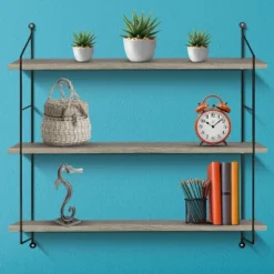 Sorbus Wall Mounted Rustic Wood Shelf With Metal Brackets (Gray) -Office Furniture GUEST 41d9bb31 3a0d 496f a849 ad4eb392894e