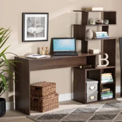 Foster Wood Storage Desk With Shelves Walnut/Brown - Baxton Studio -Office Furniture GUEST 48c51bc8 d1b6 41fb 99c5 2e45fc227493