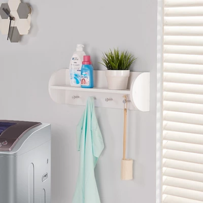 Danya B Utility Shelf With Four Large Stainless Steel Hooks White 3 Danya B Utility Shelf With Four Large Stainless Steel Hooks White