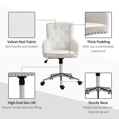 HOMCOM Modern Mid-back Desk Chair With Button Tufted Velvet Back, Nailhead Trim, Swivel Home Office Chair With Adjustable Height, Curved Padded Armrests 6 HOMCOM Modern Mid-back Desk Chair With Button Tufted Velvet Back, Nailhead Trim, Swivel Home Office Chair With Adjustable Height, Curved Padded Armrests - Image 4
