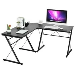 Costway 59'' L-Shaped Computer Table Study Workstation Home Office BrownBlack -Office Furniture GUEST 7299b81b fcd1 439d 8de0 672b3f8d643e