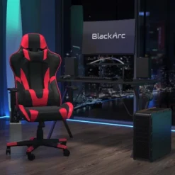 BlackArc Delta Gaming Setup: Reclining Chair With Lumbar Support & Headrest; Desk With Detachable Headphone Hook/Cupholder & Monitor Stand