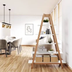 66" Carlie Wood 5-Shelf Ladder Display Bookshelf Medium Pine/Matte White- Nathan James -Office Furniture GUEST 8137ee9a 6de1 4d97 938c 2209d7d4417e