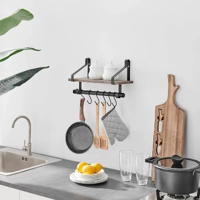 6 Hook Amelia Wall Shelf With Hanging Rod Black/Rustic - Danya B. 4 6 Hook Amelia Wall Shelf With Hanging Rod Black/Rustic - Danya B. - Image 2