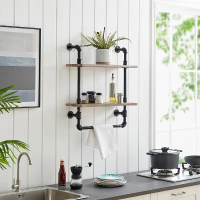 2-Tier Olivia Pipe Wall Shelf Unit With Hanging Rod Black/Rustic - Danya B. 4 2-Tier Olivia Pipe Wall Shelf Unit With Hanging Rod Black/Rustic - Danya B. - Image 2