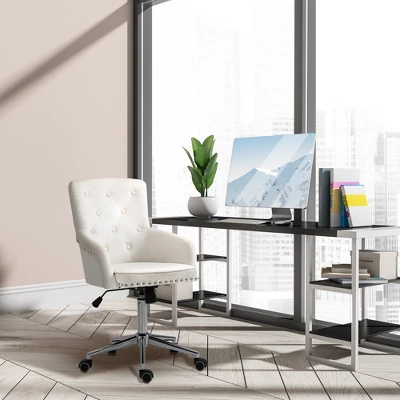 HOMCOM Modern Mid-back Desk Chair With Button Tufted Velvet Back, Nailhead Trim, Swivel Home Office Chair With Adjustable Height, Curved Padded Armrests 3 HOMCOM Modern Mid-back Desk Chair With Button Tufted Velvet Back, Nailhead Trim, Swivel Home Office Chair With Adjustable Height, Curved Padded Armrests