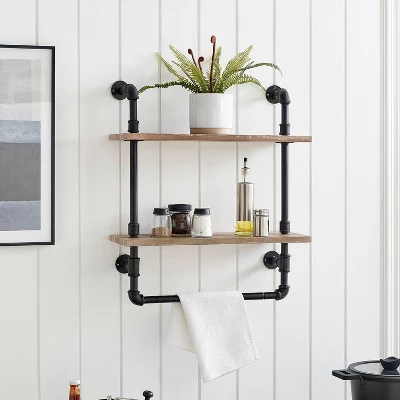 2-Tier Olivia Pipe Wall Shelf Unit With Hanging Rod Black/Rustic - Danya B. 3 2-Tier Olivia Pipe Wall Shelf Unit With Hanging Rod Black/Rustic - Danya B.
