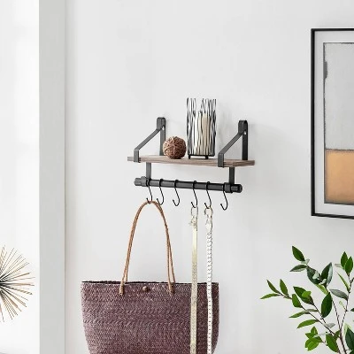 6 Hook Amelia Wall Shelf With Hanging Rod Black/Rustic - Danya B. 5 6 Hook Amelia Wall Shelf With Hanging Rod Black/Rustic - Danya B. - Image 3