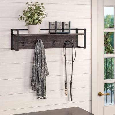 Afton 4 Hook Metal Frame Wall Shelf Woodgrain - RiverRidge Home 3 Afton 4 Hook Metal Frame Wall Shelf Woodgrain - RiverRidge Home