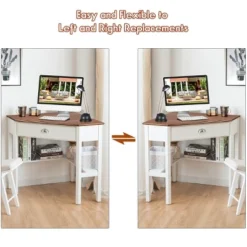 Costway Triangle Computer Desk Corner Office Desk Laptop Table W/ Drawer Shelves Rustic Natural &White -Office Furniture GUEST ca8670f0 592b 49a2 abea 11cf6bbd423e