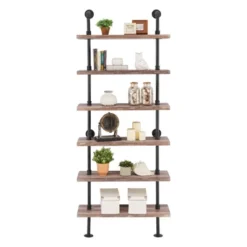 Modern Industrial 6-Tier Iron Pipe Wall Mount Ladder Shelf Distressed Wood - Danya B. -Office Furniture GUEST cb6ef9cf 08ec 4e39 8a6c 576bf643ced0