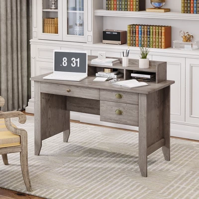 HOMCOM Computer Table Writing Desk With Hutch 3 Drawers, Open Cabinets, Top Shelf, Wide Tabletop, Cable Management, Gray 3 HOMCOM Computer Table Writing Desk With Hutch 3 Drawers, Open Cabinets, Top Shelf, Wide Tabletop, Cable Management, Gray