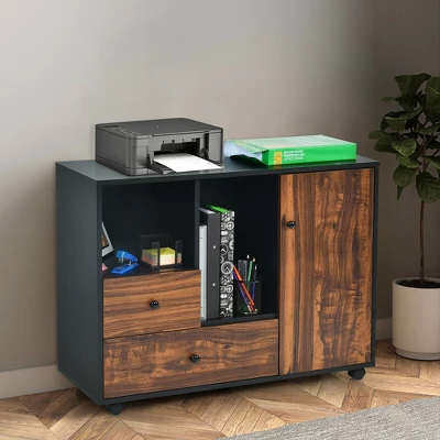 Costway Lateral Mobile Filing Cabinet Large Printer Stand W/2 Drawers Open Shelves Black 4 Costway Lateral Mobile Filing Cabinet Large Printer Stand W/2 Drawers Open Shelves Black - Image 2