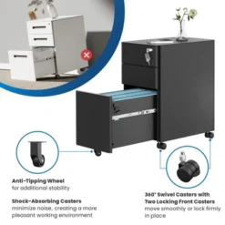 Mount-It! Mobile File Pedestal Cabinet With 3 Drawers & Lock | Slim Design Under Desk Storage & Organizer For Files, Folders & Office Supplies | Black -Office Furniture GUEST e2787cc5 abc1 4cf3 89ef 10dd8c2795d4