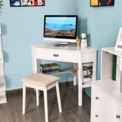 Costway Triangle Computer Desk Corner Office Desk Laptop Table W/ Drawer Shelves Rustic White -Office Furniture GUEST e48715d8 e70f 4388 bf85 1fb1329af84e