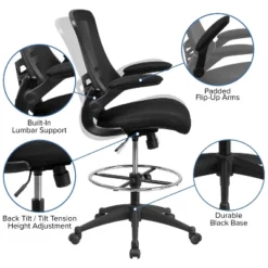 Flash Furniture Mid-Back Black Mesh Ergonomic Drafting Chair With Adjustable Foot Ring And Flip-Up Arms -Office Furniture GUEST ea646891 4791 4ad9 acf8 7773ecefdda0